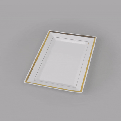 Moderna Rectangle White Plastic Gold-Rimmed Plate - 9 1/2" x 6 1/4" x 1/2" - 100 count box