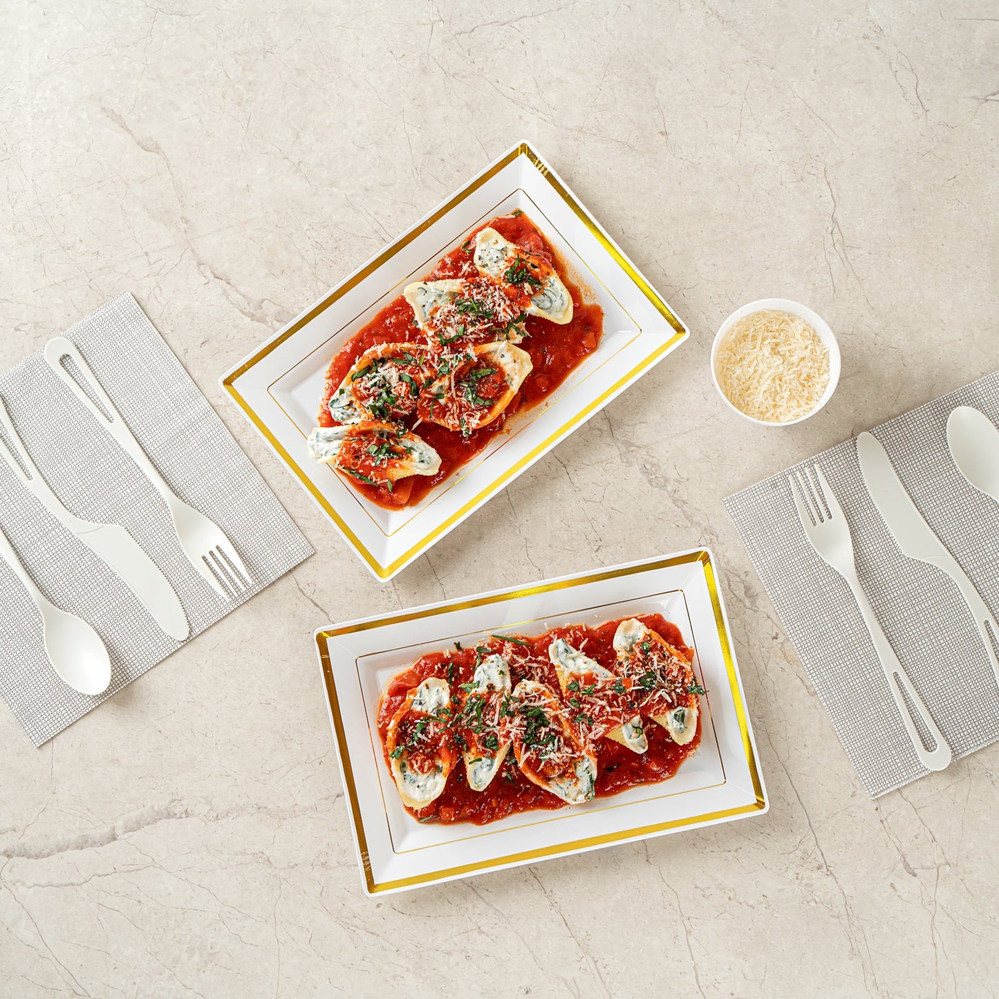 Moderna Rectangle White Plastic Gold-Rimmed Plate - 9 1/2" x 6 1/4" x 1/2" - 100 count box