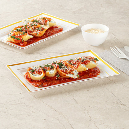 Moderna Rectangle White Plastic Gold-Rimmed Plate - 9 1/2" x 6 1/4" x 1/2" - 100 count box