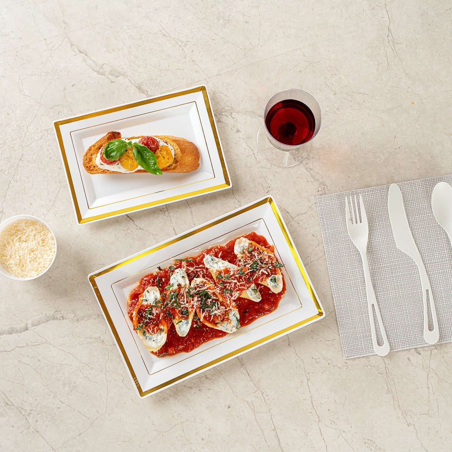 Moderna Rectangle White Plastic Gold-Rimmed Plate - 9 1/2" x 6 1/4" x 1/2" - 100 count box