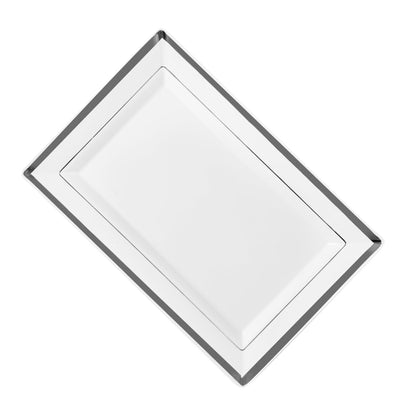 Moderna Rectangle White Plastic Silver-Rimmed Plate - 9 1/2" x 6 1/4" x 1/2" - 10 count box