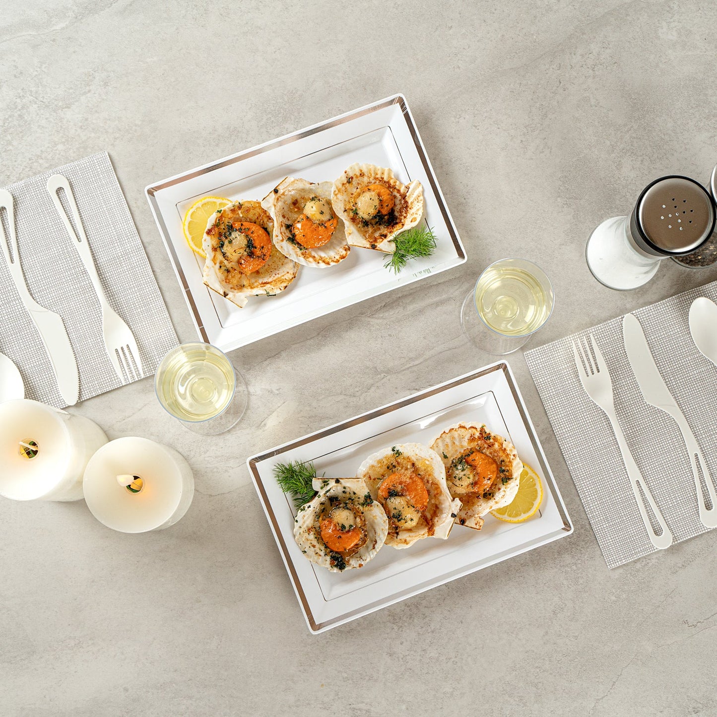 Moderna Rectangle White Plastic Silver-Rimmed Plate - 9 1/2" x 6 1/4" x 1/2" - 10 count box