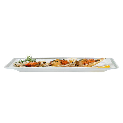 Moderna Rectangle White Plastic Silver-Rimmed Plate - 9 1/2" x 6 1/4" x 1/2" - 100 count box
