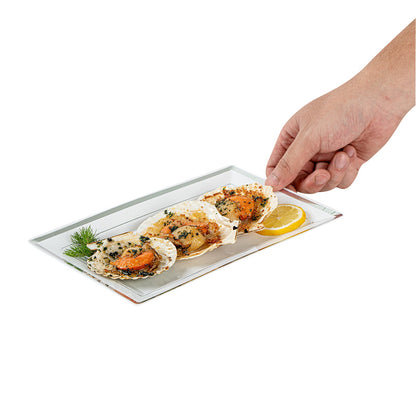 Moderna Rectangle White Plastic Silver-Rimmed Plate - 9 1/2" x 6 1/4" x 1/2" - 100 count box
