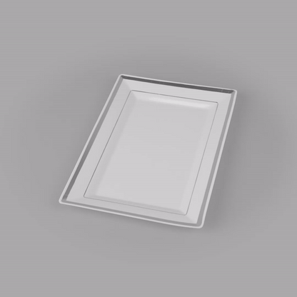 Moderna Rectangle White Plastic Silver-Rimmed Plate - 9 1/2" x 6 1/4" x 1/2" - 100 count box
