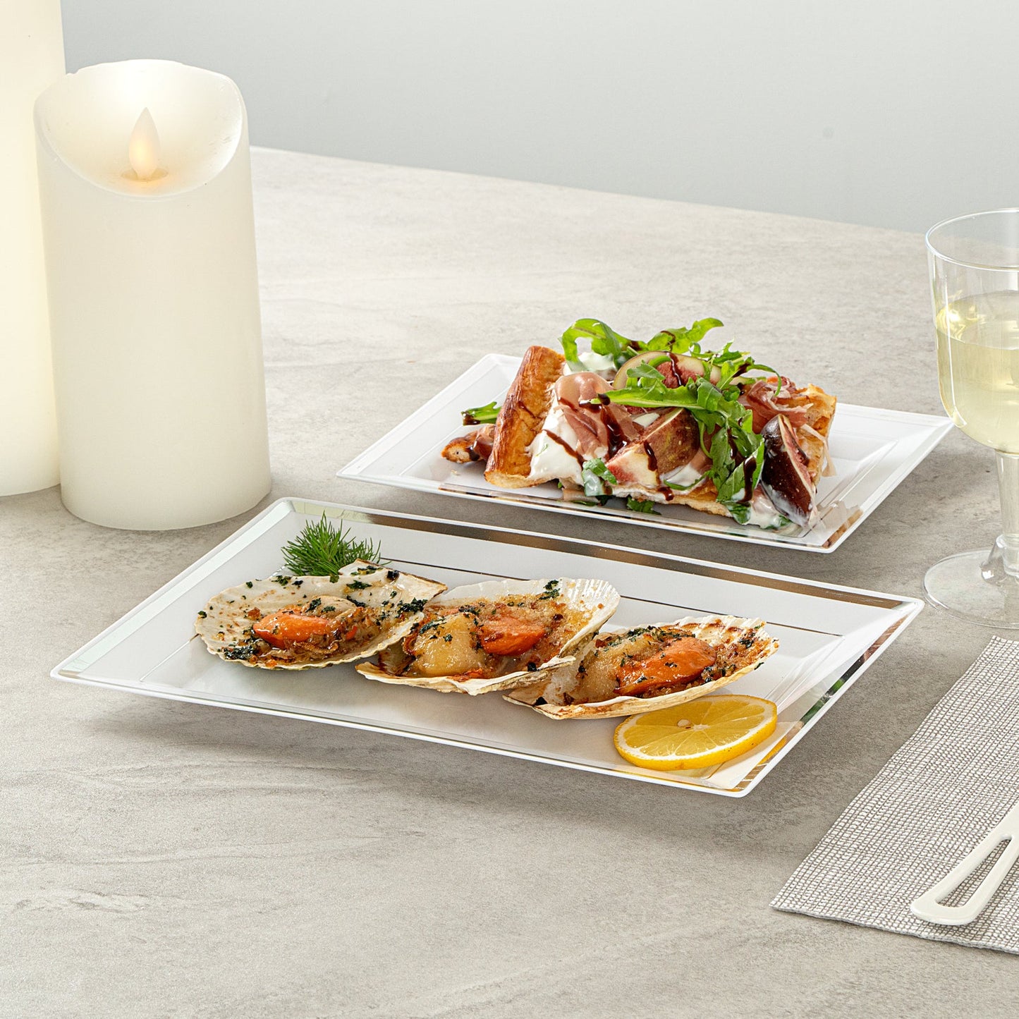 Moderna Rectangle White Plastic Silver-Rimmed Plate - 9 1/2" x 6 1/4" x 1/2" - 100 count box