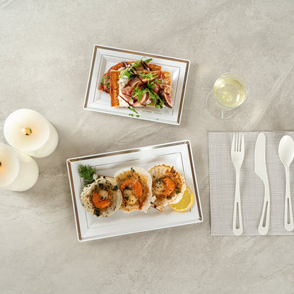 Moderna Rectangle White Plastic Silver-Rimmed Plate - 9 1/2" x 6 1/4" x 1/2" - 100 count box