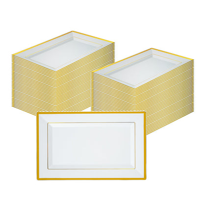 Moderna Rectangle White Plastic Gold-Rimmed Plate - 11 1/2" x 7 1/4" x 3/4" - 10 count box