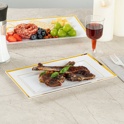 Moderna Rectangle White Plastic Gold-Rimmed Plate - 11 1/2" x 7 1/4" x 3/4" - 10 count box