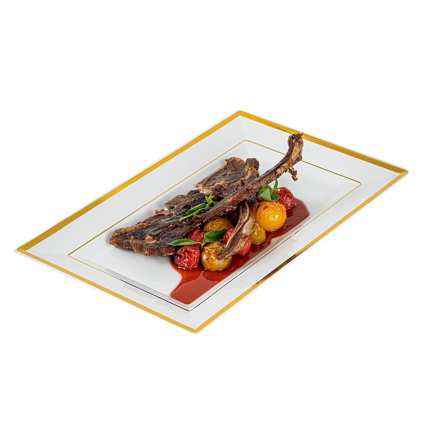 Moderna Rectangle White Plastic Gold-Rimmed Plate - 11 1/2" x 7 1/4" x 3/4" - 10 count box