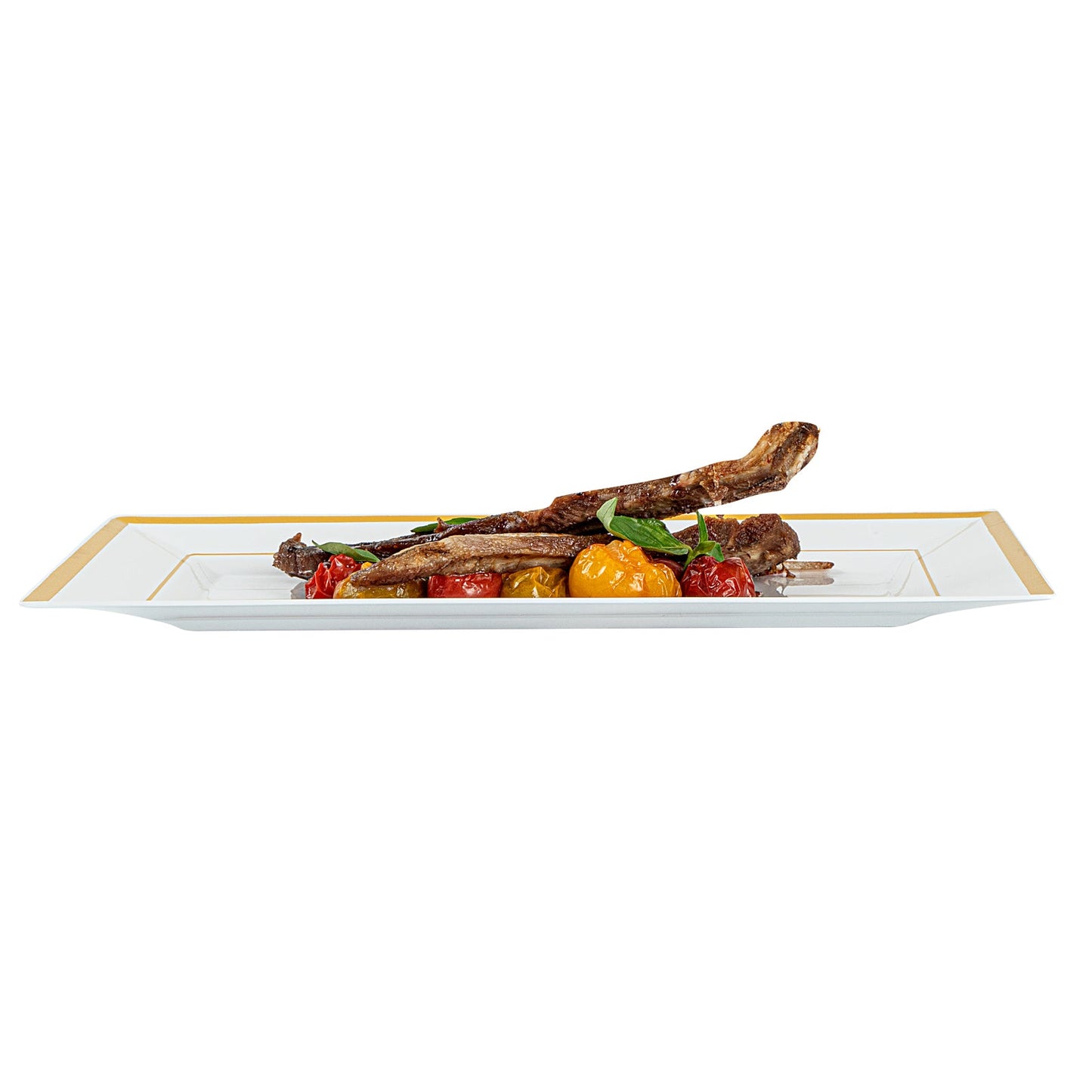 Moderna Rectangle White Plastic Gold-Rimmed Plate - 11 1/2" x 7 1/4" x 3/4" - 100 count box