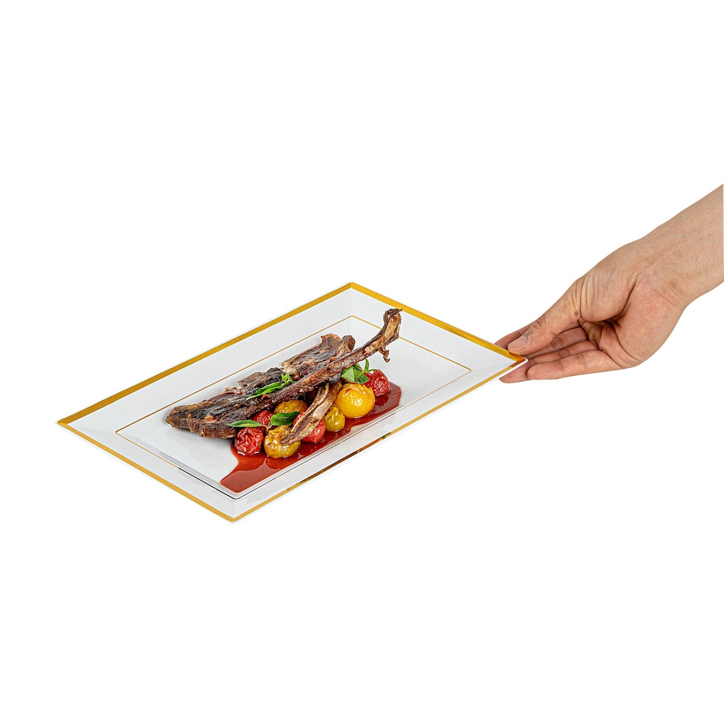 Moderna Rectangle White Plastic Gold-Rimmed Plate - 11 1/2" x 7 1/4" x 3/4" - 100 count box