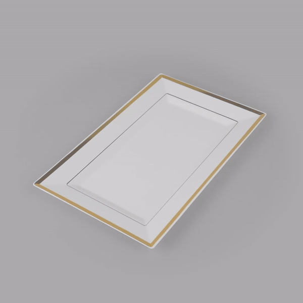 Moderna Rectangle White Plastic Gold-Rimmed Plate - 11 1/2" x 7 1/4" x 3/4" - 100 count box