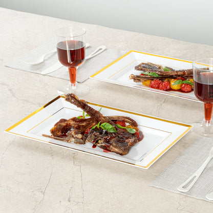 Moderna Rectangle White Plastic Gold-Rimmed Plate - 11 1/2" x 7 1/4" x 3/4" - 100 count box