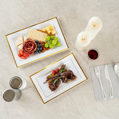 Moderna Rectangle White Plastic Gold-Rimmed Plate - 11 1/2" x 7 1/4" x 3/4" - 100 count box