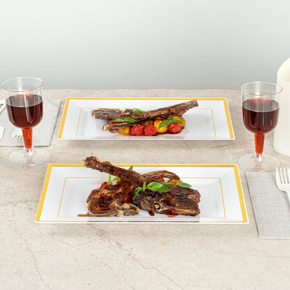 Moderna Rectangle White Plastic Gold-Rimmed Plate - 11 1/2" x 7 1/4" x 3/4" - 100 count box