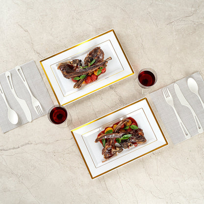 Moderna Rectangle White Plastic Gold-Rimmed Plate - 11 1/2" x 7 1/4" x 3/4" - 100 count box