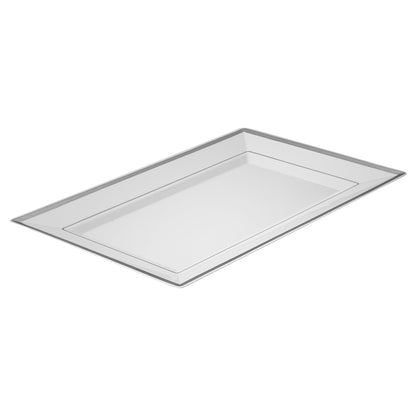 Moderna Rectangle White Plastic Silver-Rimmed Plate - 11 1/2" x 7 1/4" x 3/4" - 100 count box