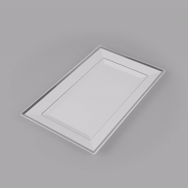 Moderna Rectangle White Plastic Silver-Rimmed Plate - 11 1/2" x 7 1/4" x 3/4" - 100 count box
