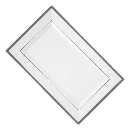 Moderna Rectangle White Plastic Silver-Rimmed Plate - 11 1/2" x 7 1/4" x 3/4" - 100 count box