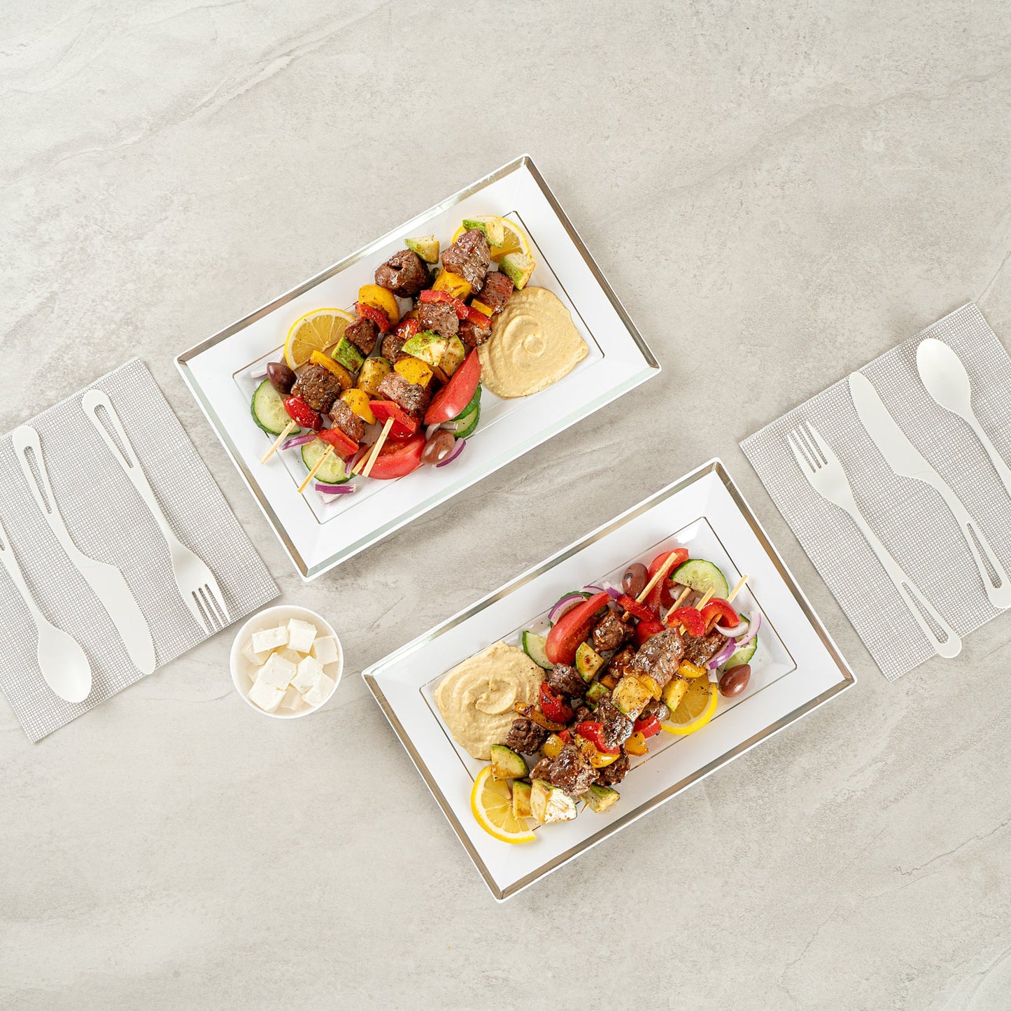 Moderna Rectangle White Plastic Silver-Rimmed Plate - 11 1/2" x 7 1/4" x 3/4" - 100 count box