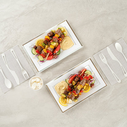 Moderna Rectangle White Plastic Silver-Rimmed Plate - 11 1/2" x 7 1/4" x 3/4" - 100 count box