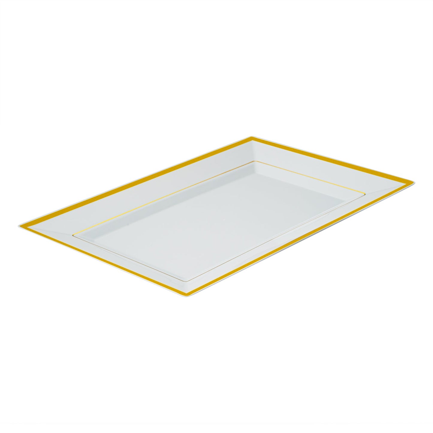 Moderna Rectangle White Plastic Gold-Rimmed Plate - 12 3/4" x 8 1/4" x 3/4" - 10 count box