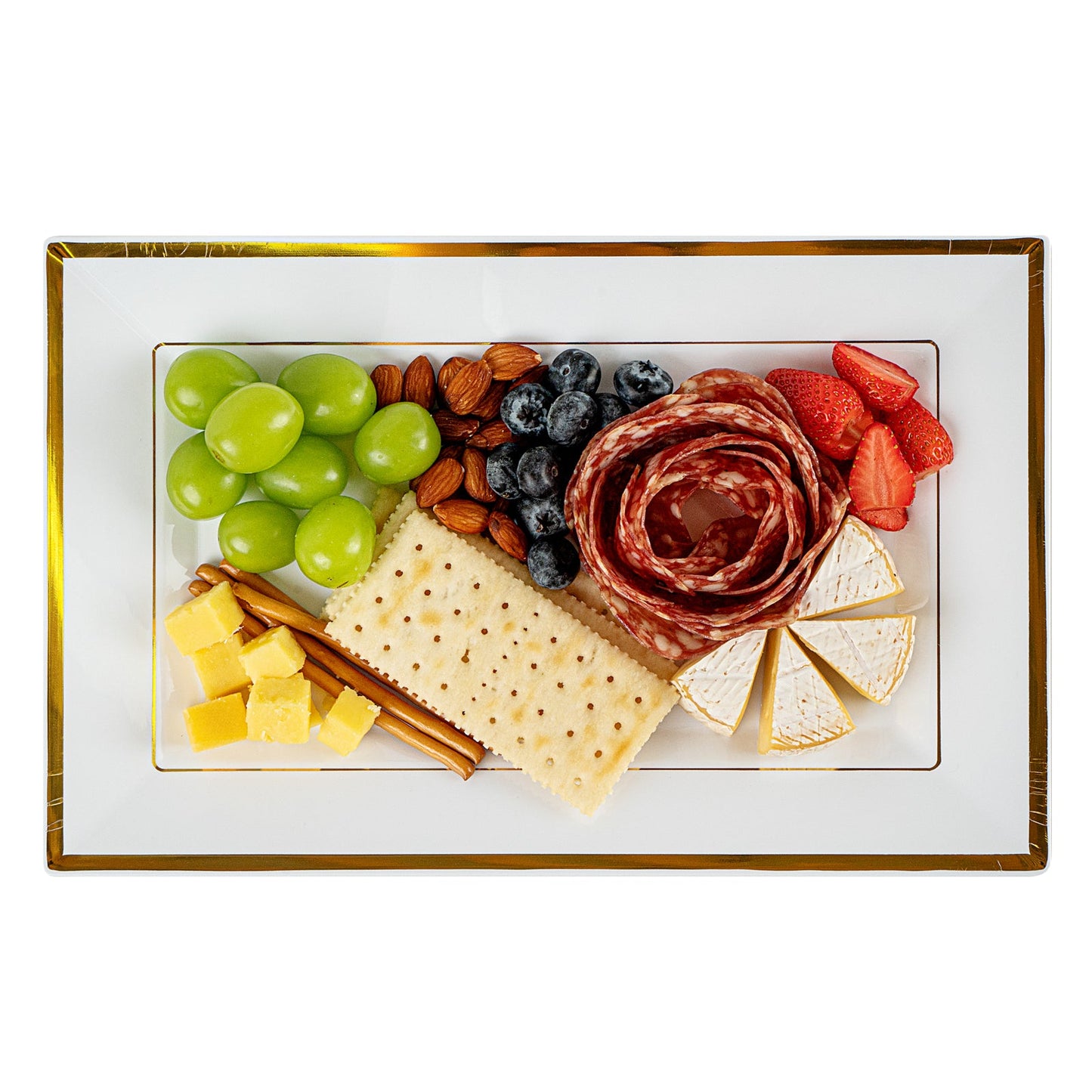 Moderna Rectangle White Plastic Gold-Rimmed Plate - 12 3/4" x 8 1/4" x 3/4" - 10 count box