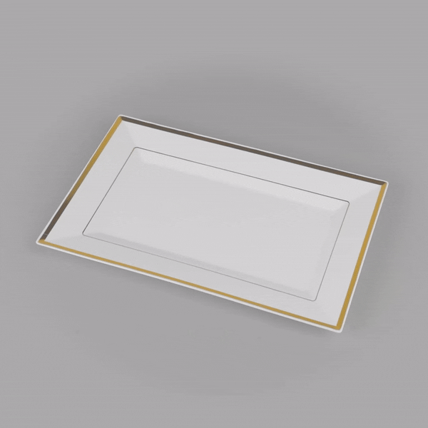 Moderna Rectangle White Plastic Gold-Rimmed Plate - 12 3/4" x 8 1/4" x 3/4" - 10 count box