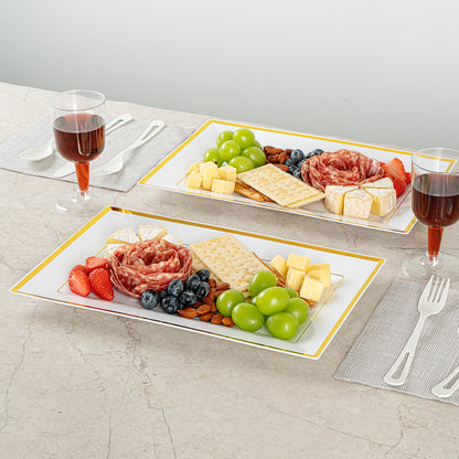 Moderna Rectangle White Plastic Gold-Rimmed Plate - 12 3/4" x 8 1/4" x 3/4" - 10 count box