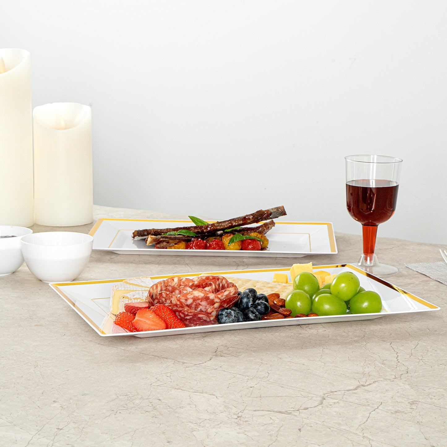 Moderna Rectangle White Plastic Gold-Rimmed Plate - 12 3/4" x 8 1/4" x 3/4" - 10 count box
