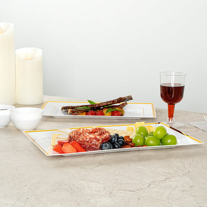 Moderna Rectangle White Plastic Gold-Rimmed Plate - 12 3/4" x 8 1/4" x 3/4" - 10 count box