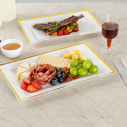 Moderna Rectangle White Plastic Gold-Rimmed Plate - 12 3/4" x 8 1/4" x 3/4" - 100 count box