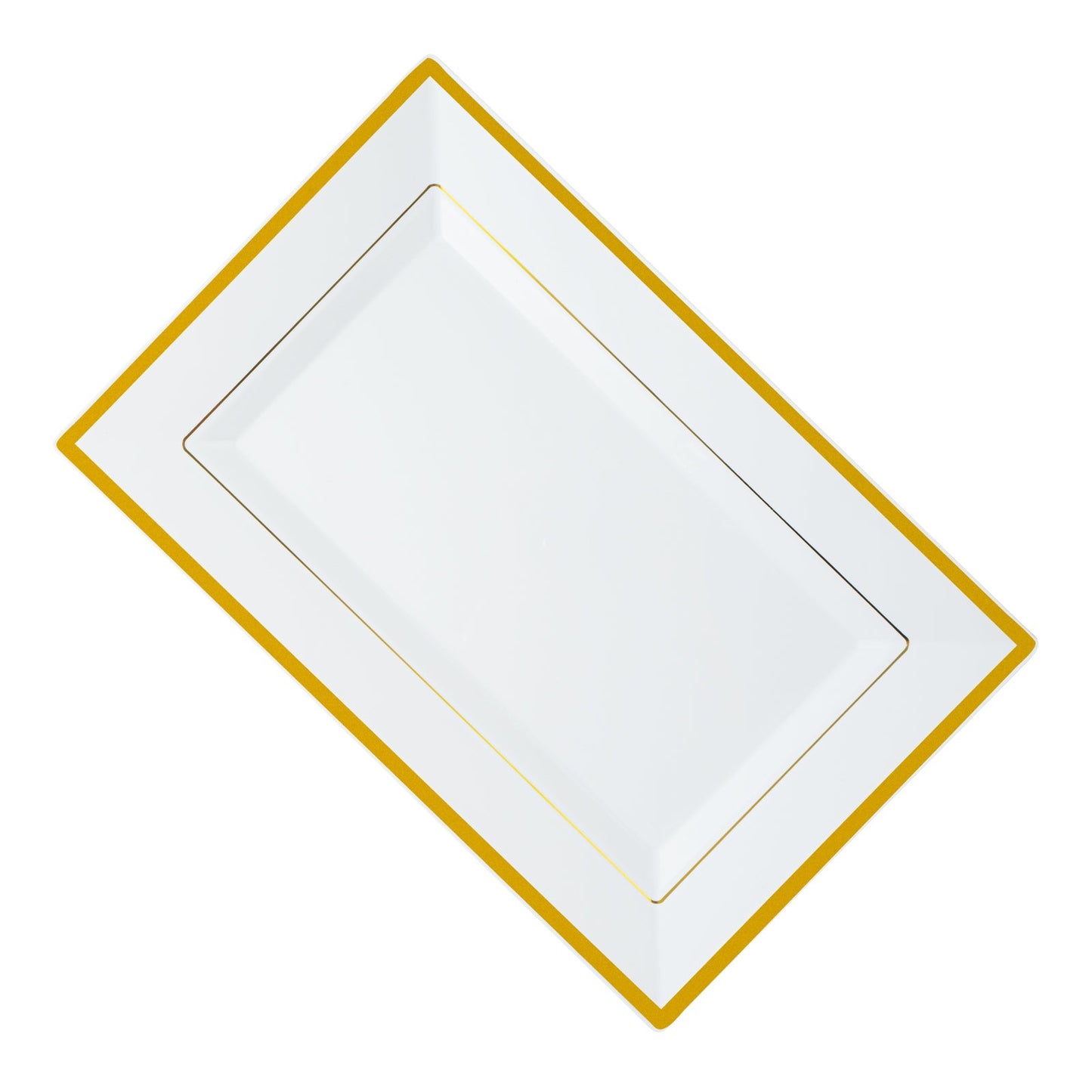 Moderna Rectangle White Plastic Gold-Rimmed Plate - 12 3/4" x 8 1/4" x 3/4" - 100 count box