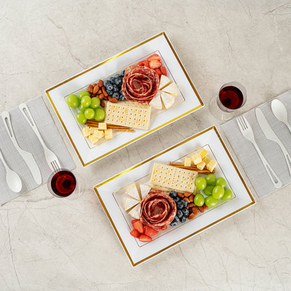 Moderna Rectangle White Plastic Gold-Rimmed Plate - 12 3/4" x 8 1/4" x 3/4" - 100 count box