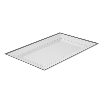 Moderna Rectangle White Plastic Silver-Rimmed Plate - 12 3/4" x 8 1/4" x 3/4" - 100 count box