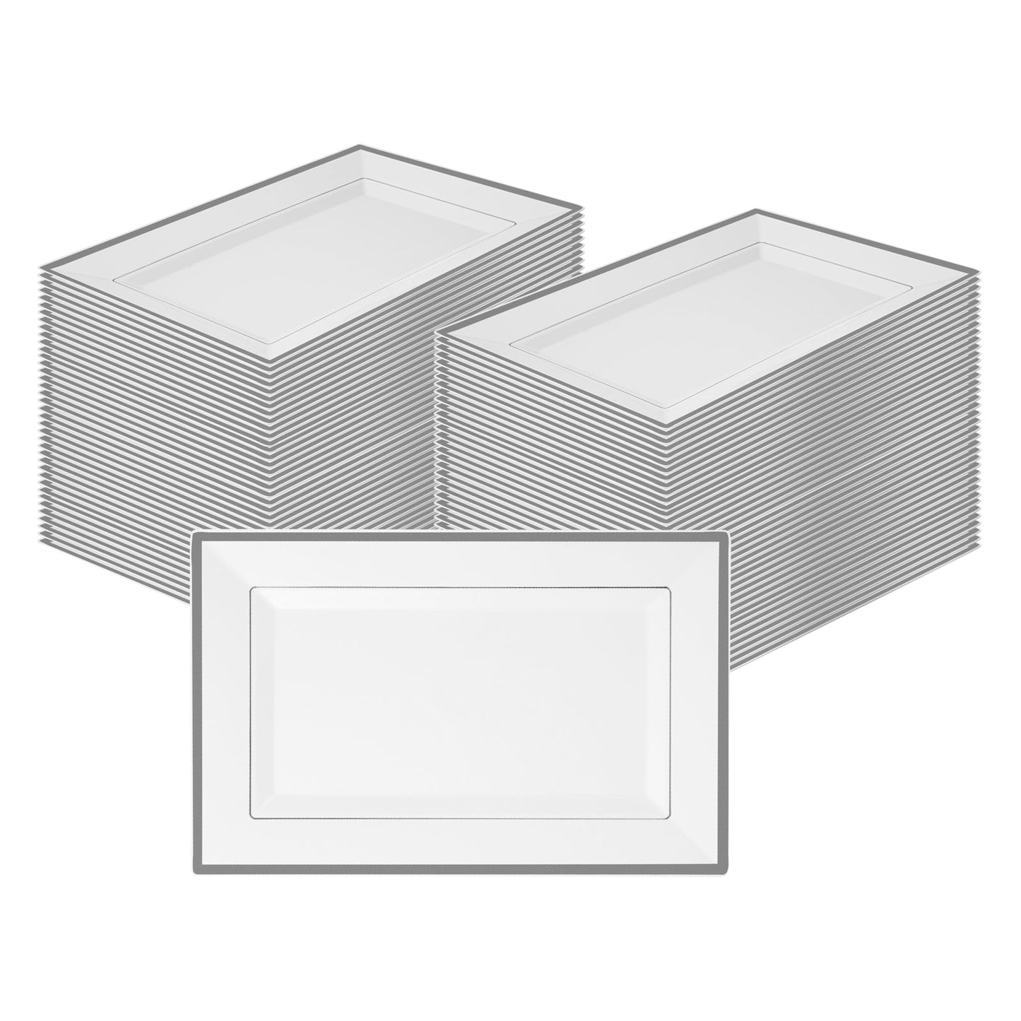 Moderna Rectangle White Plastic Silver-Rimmed Plate - 12 3/4" x 8 1/4" x 3/4" - 10 count box