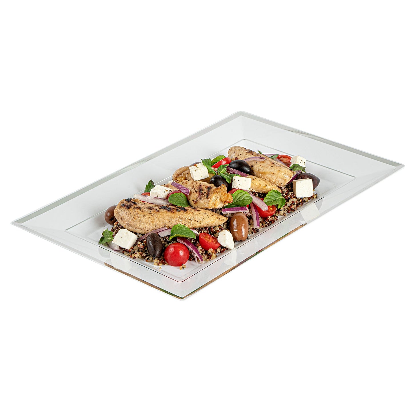 Moderna Rectangle White Plastic Silver-Rimmed Plate - 12 3/4" x 8 1/4" x 3/4" - 10 count box