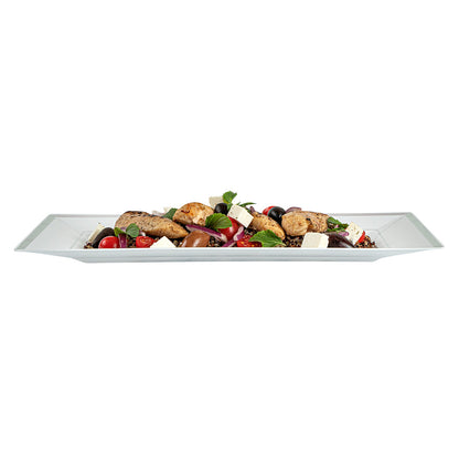 Moderna Rectangle White Plastic Silver-Rimmed Plate - 12 3/4" x 8 1/4" x 3/4" - 10 count box