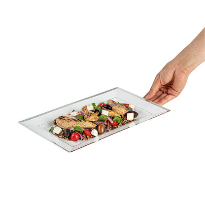 Moderna Rectangle White Plastic Silver-Rimmed Plate - 12 3/4" x 8 1/4" x 3/4" - 10 count box