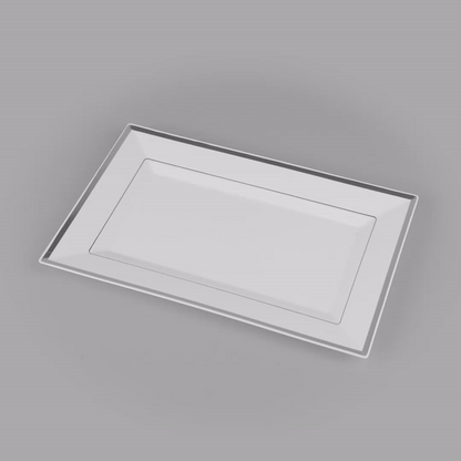 Moderna Rectangle White Plastic Silver-Rimmed Plate - 12 3/4" x 8 1/4" x 3/4" - 10 count box