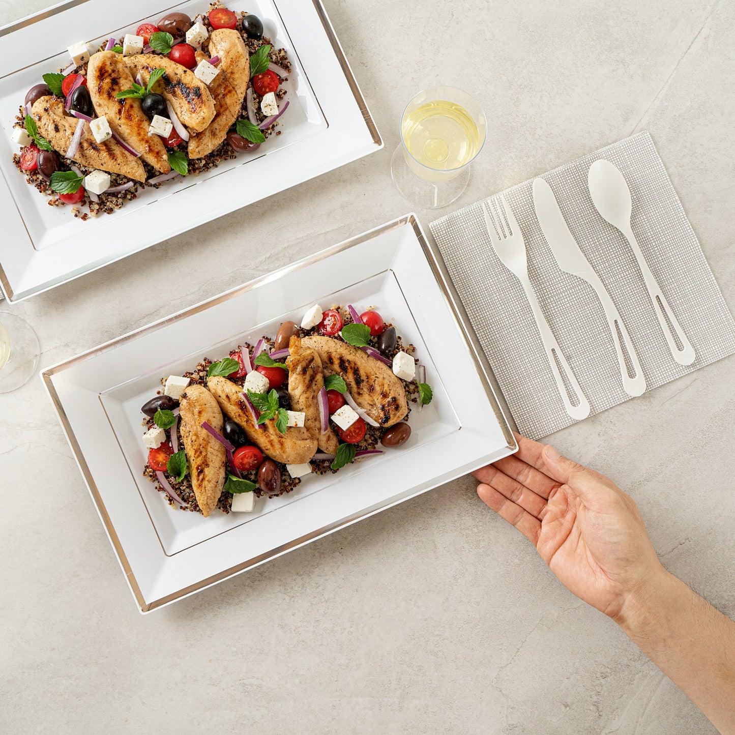 Moderna Rectangle White Plastic Silver-Rimmed Plate - 12 3/4" x 8 1/4" x 3/4" - 10 count box