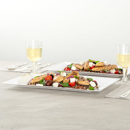 Moderna Rectangle White Plastic Silver-Rimmed Plate - 12 3/4" x 8 1/4" x 3/4" - 10 count box