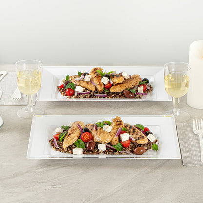 Moderna Rectangle White Plastic Silver-Rimmed Plate - 12 3/4" x 8 1/4" x 3/4" - 10 count box