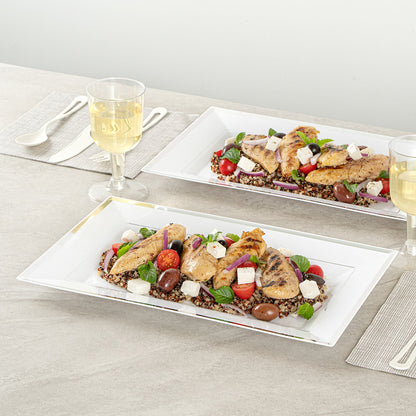 Moderna Rectangle White Plastic Silver-Rimmed Plate - 12 3/4" x 8 1/4" x 3/4" - 100 count box