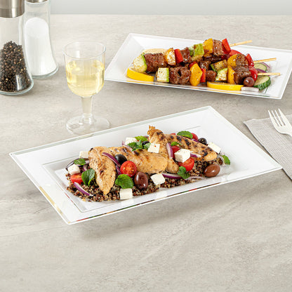 Moderna Rectangle White Plastic Silver-Rimmed Plate - 12 3/4" x 8 1/4" x 3/4" - 100 count box