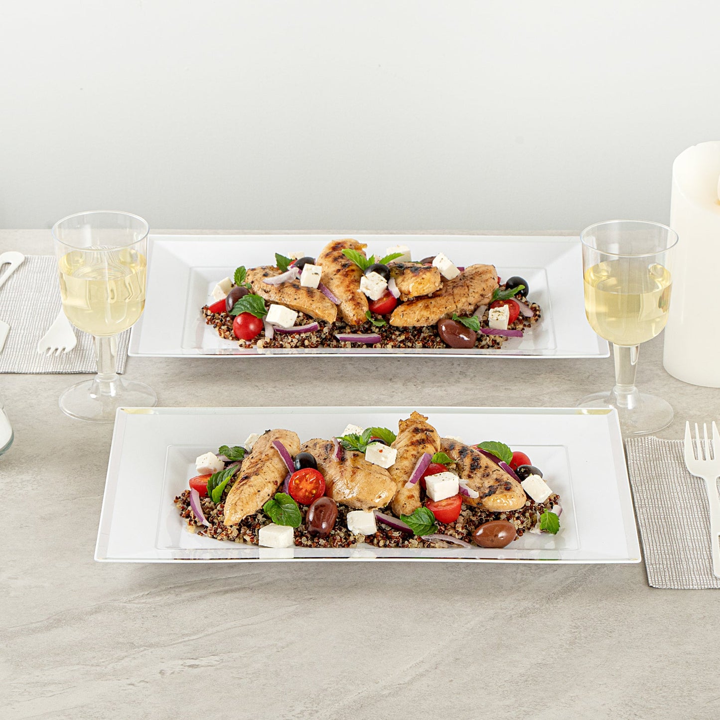 Moderna Rectangle White Plastic Silver-Rimmed Plate - 12 3/4" x 8 1/4" x 3/4" - 100 count box