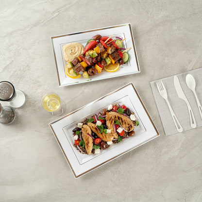 Moderna Rectangle White Plastic Silver-Rimmed Plate - 12 3/4" x 8 1/4" x 3/4" - 100 count box
