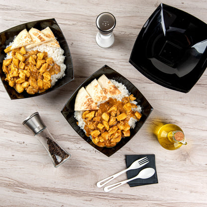 Moderna 64 oz Square Black Plastic Serving Bowl - 9 3/4" x 9 3/4" x 3" - 100 count box