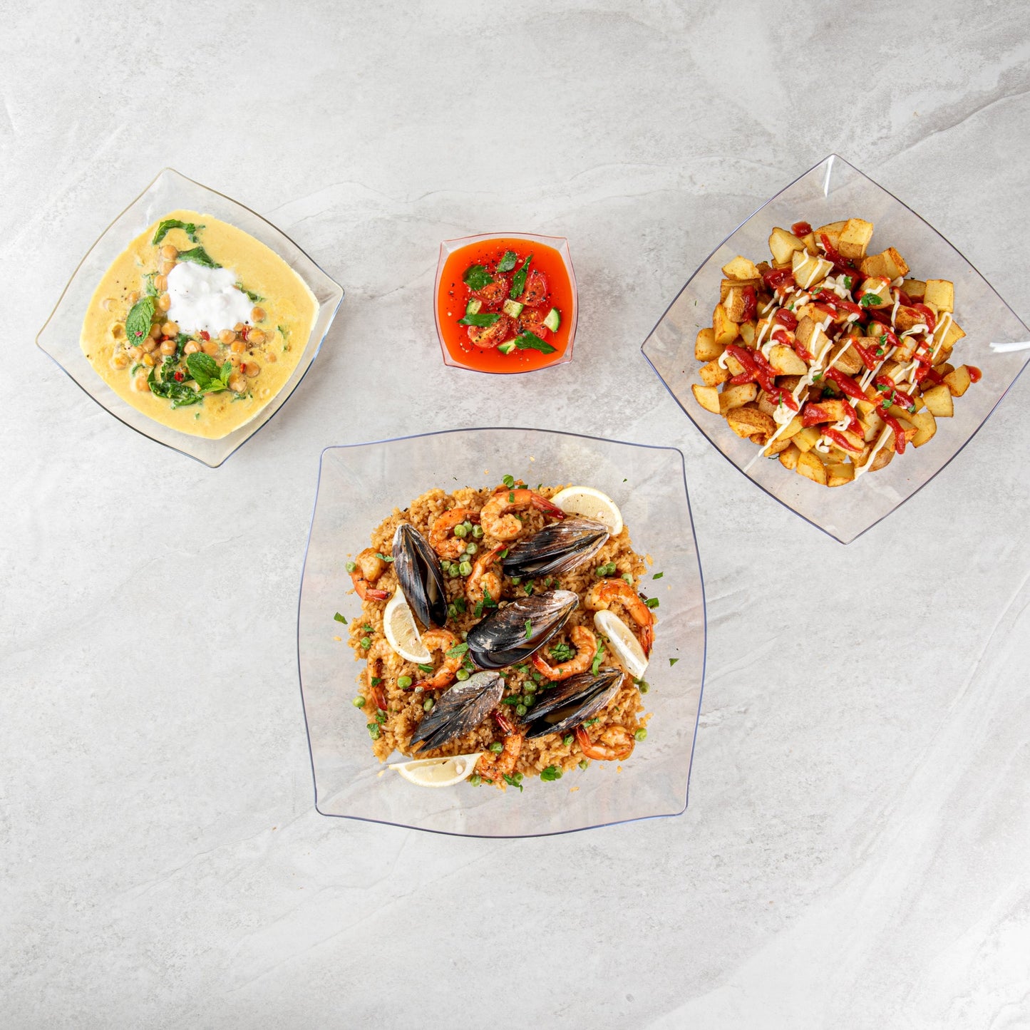 Moderna 128 oz Square Clear Plastic Serving Bowl - 12" x 12" x 4" - 10 count box